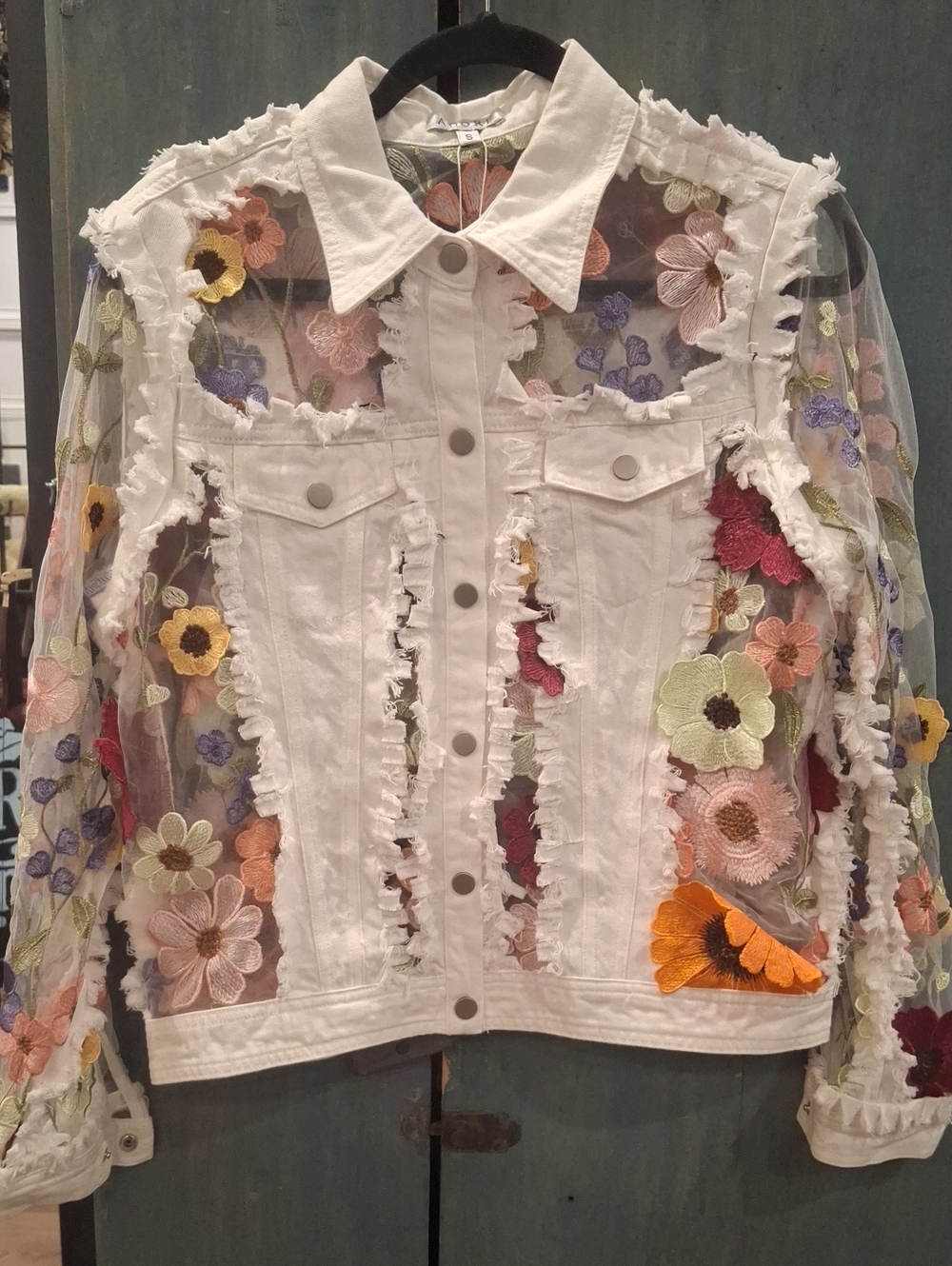 Adore White Sheer Denim Jacket with Multicolor Floral Appliqués
